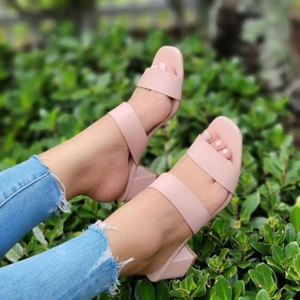 Women's Mauve Square Sole Double Strap Chunky Heel Sandals - Picture 3 of 5